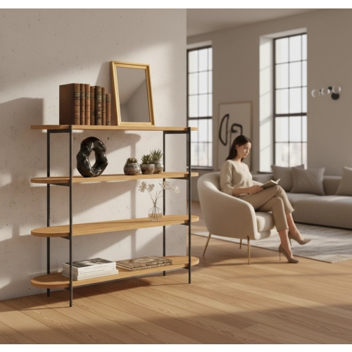 REGAŁ NA KSIĄŻKI 4 POZIOMOWY METALOWY DREWNO LITE DĄB JESION OLCHA  RNK-190